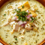 Creamy Chicken Verde Tortilla Soup in a serving bowl