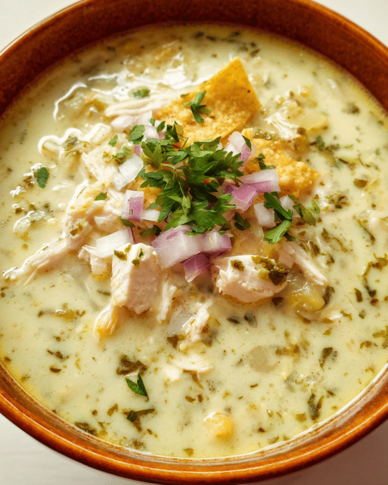 Creamy Chicken Verde Tortilla Soup in a serving bowl