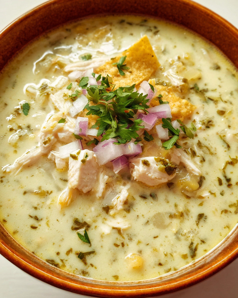 Creamy Chicken Verde Tortilla Soup in a serving bowl