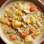 Bowl of creamy chicken and corn chowder with potatoes and vegetables