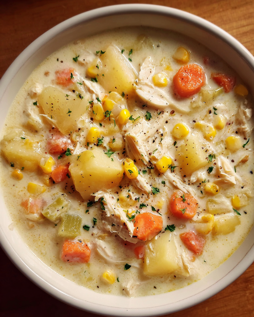 Bowl of creamy chicken and corn chowder with potatoes and vegetables