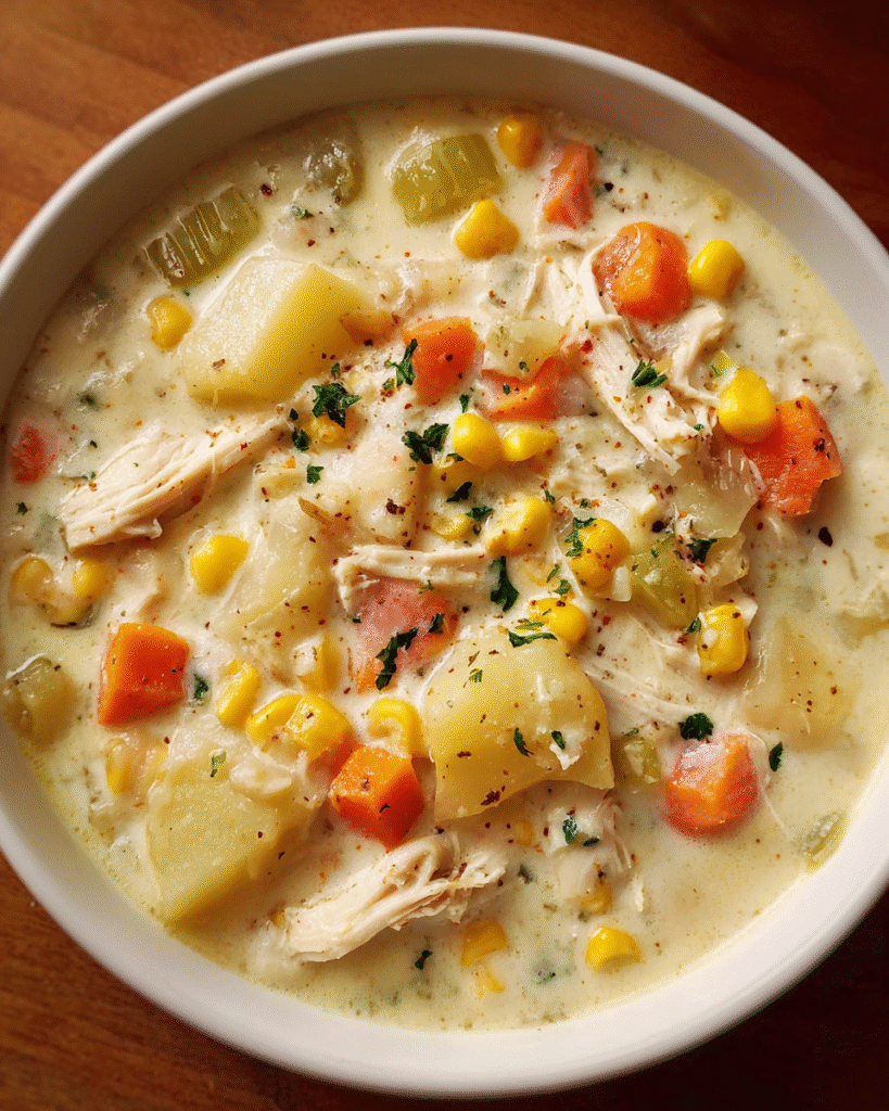 Bowl of creamy chicken and corn chowder with potatoes and vegetables