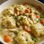 creamy chicken and dumplings served in a pot