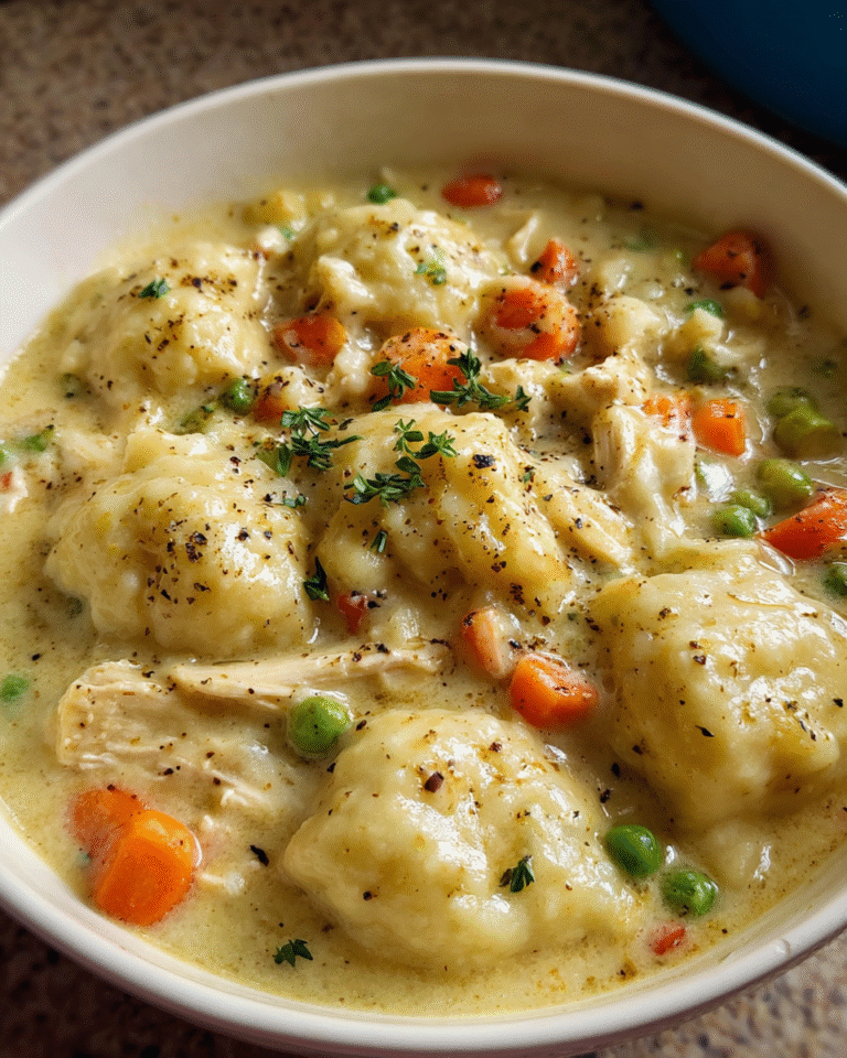 creamy chicken and dumplings served in a pot