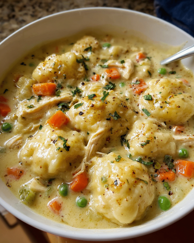 creamy chicken and dumplings served in a pot