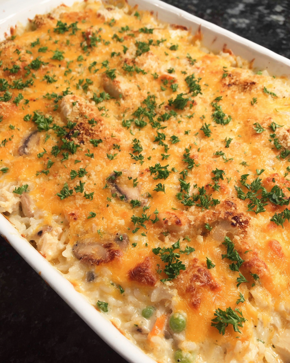 Creamy baked chicken and rice casserole with cheddar topping