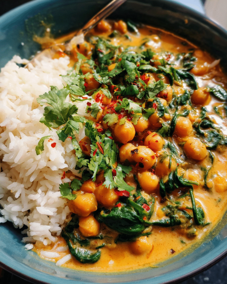 Chickpea curry with spinach served over jasmine rice