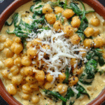 Chickpeas and spinach in creamy sauce served warm in a bowl