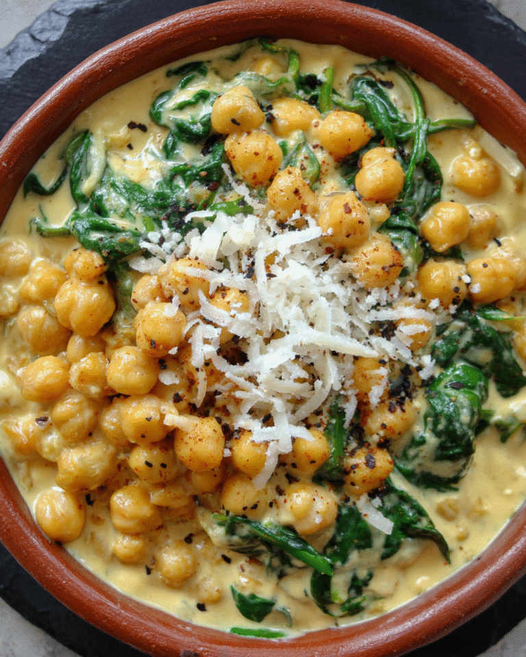 Chickpeas and spinach in creamy sauce served warm in a bowl