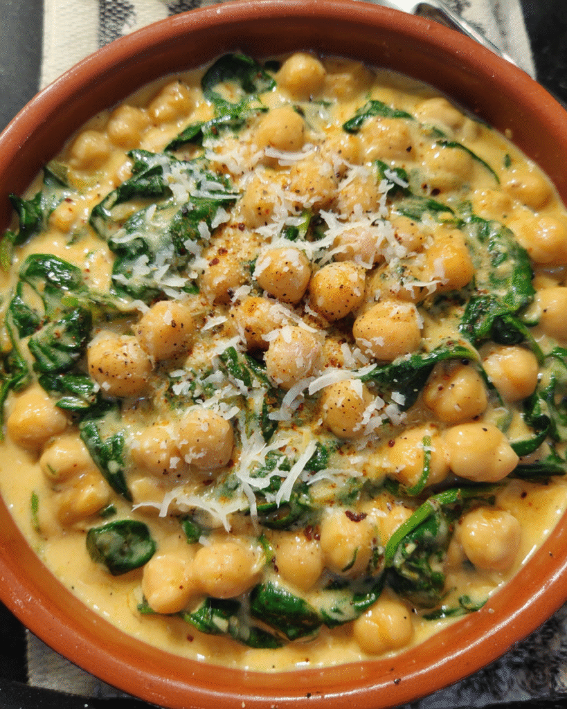 Chickpeas and spinach in creamy sauce served warm in a bowl