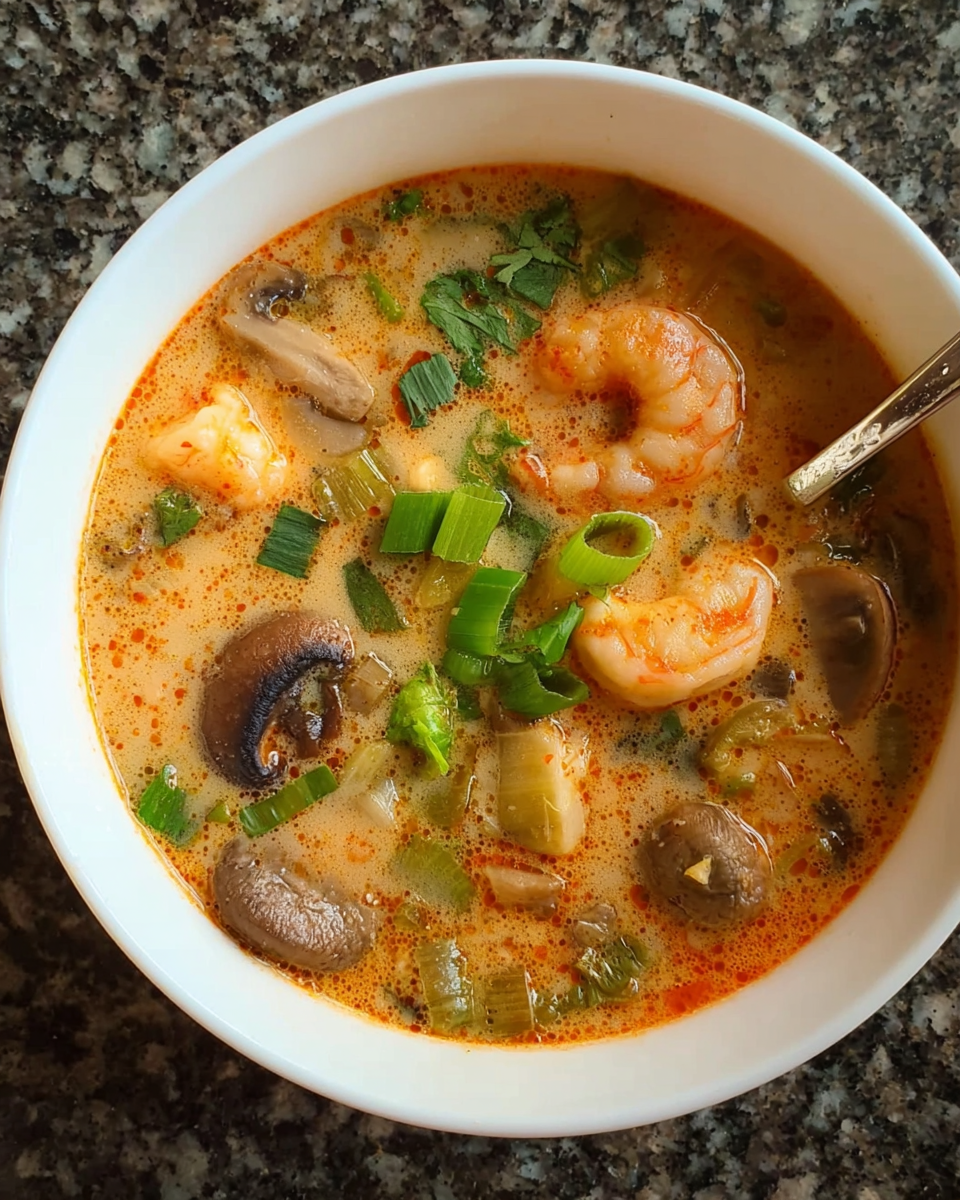 Bowl of coconut lemongrass shrimp soup with herbs