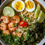 Bowl of Coconut Lime Shrimp Ramen with kale, shrimp, and fresh herbs.