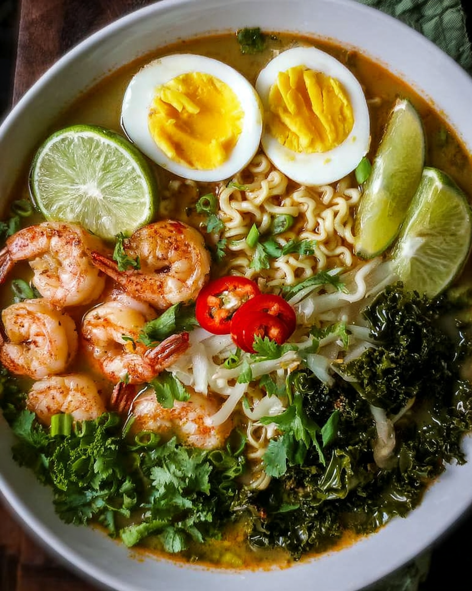 Bowl of Coconut Lime Shrimp Ramen with kale, shrimp, and fresh herbs.