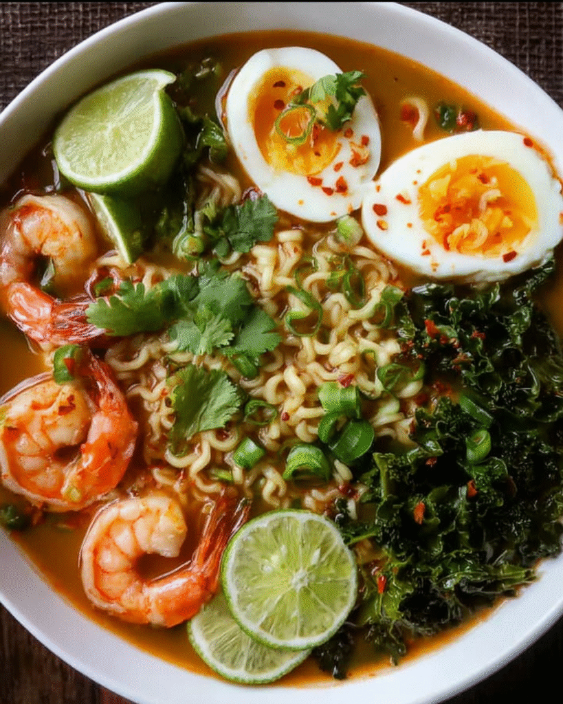 Bowl of Coconut Lime Shrimp Ramen with kale, shrimp, and fresh herbs.