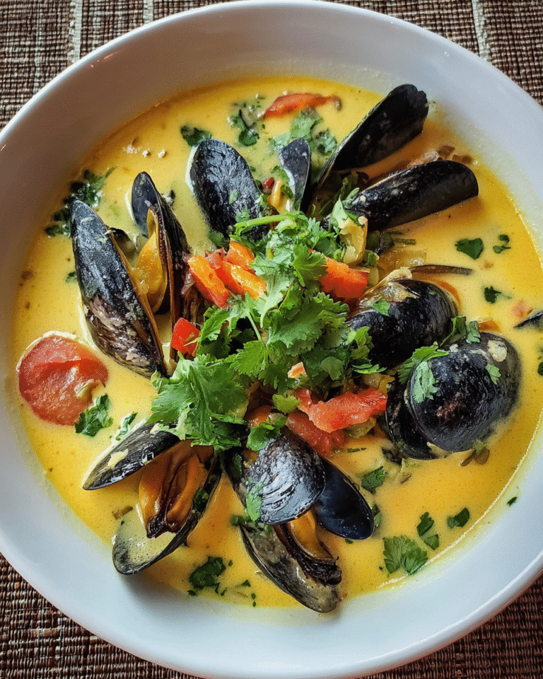 bowl of coconut mussel soup with herbs