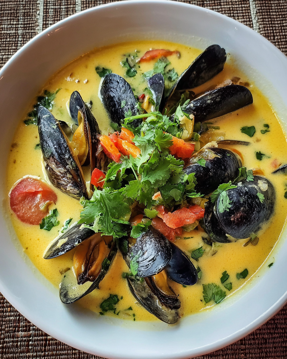 bowl of coconut mussel soup with herbs