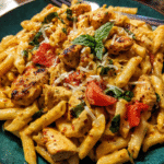 Creamy Cajun chicken pasta served with basil