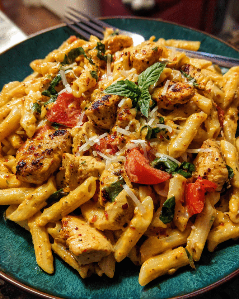 Creamy Cajun chicken pasta served with basil