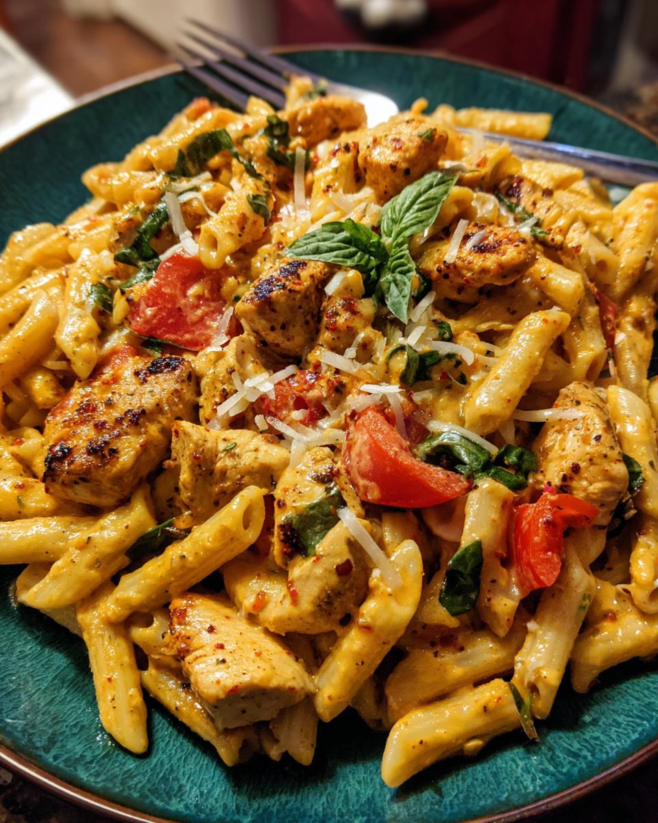 Creamy Cajun chicken pasta served with basil