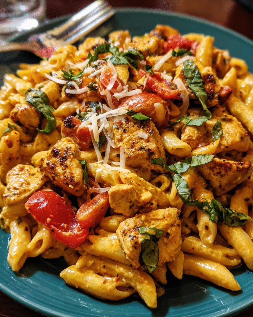 Creamy Cajun chicken pasta served with basil