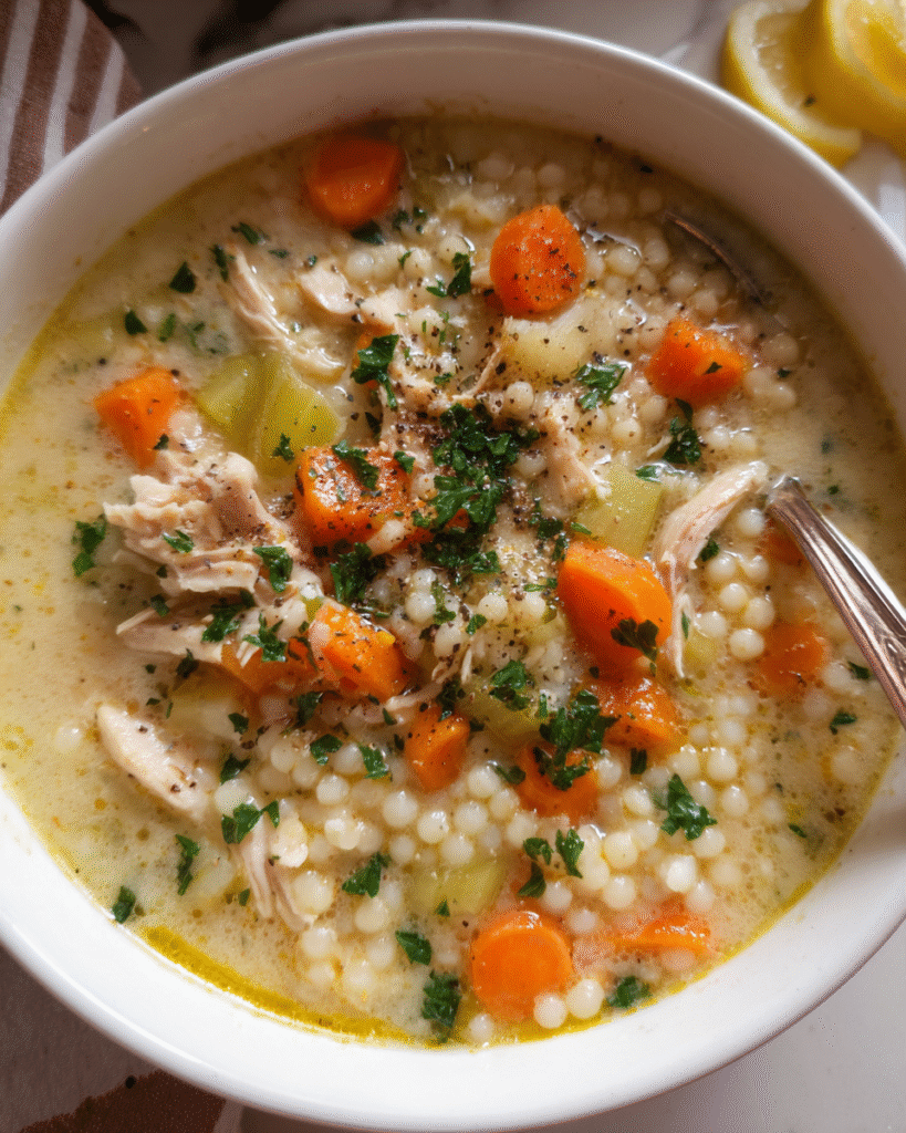 Creamy Chicken Couscous Soup in a bowl with vegetables and herbs