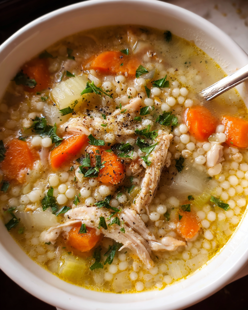 Creamy Chicken Couscous Soup in a bowl with vegetables and herbs