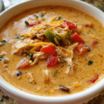 Creamy chicken fajita soup in a bowl with peppers and cheese