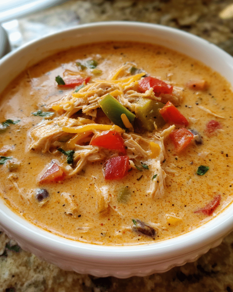 Creamy chicken fajita soup in a bowl with peppers and cheese