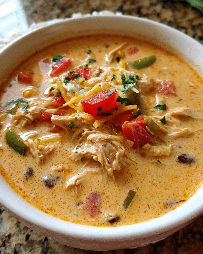 Creamy chicken fajita soup in a bowl with peppers and cheese