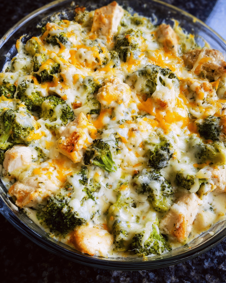 creamy chicken and broccoli casserole baked with cheese