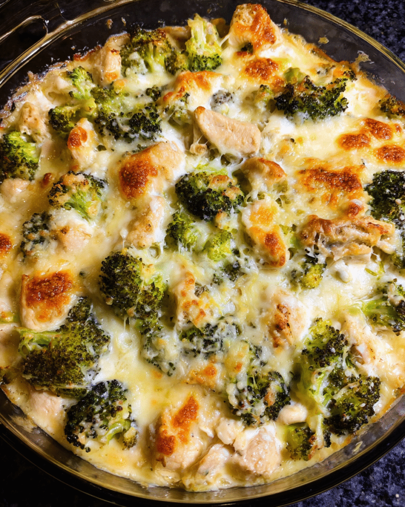 creamy chicken and broccoli casserole baked with cheese