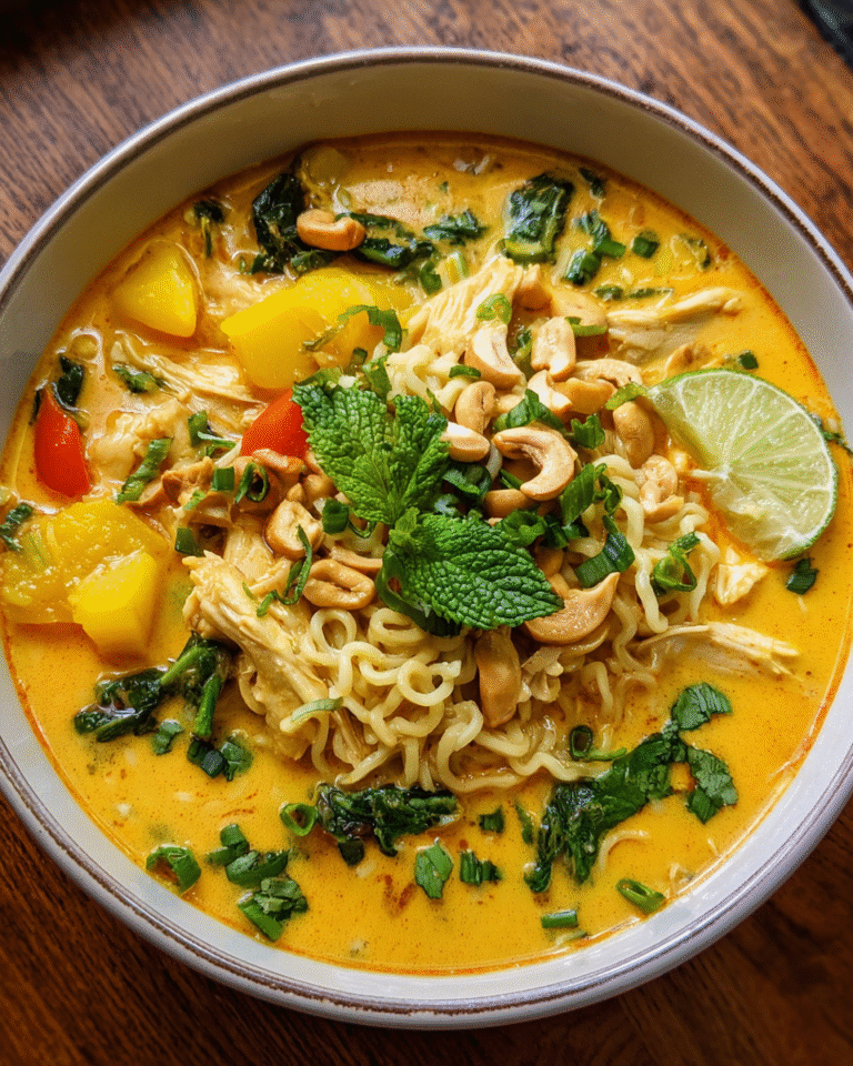 Creamy coconut curry chicken ramen in a bowl