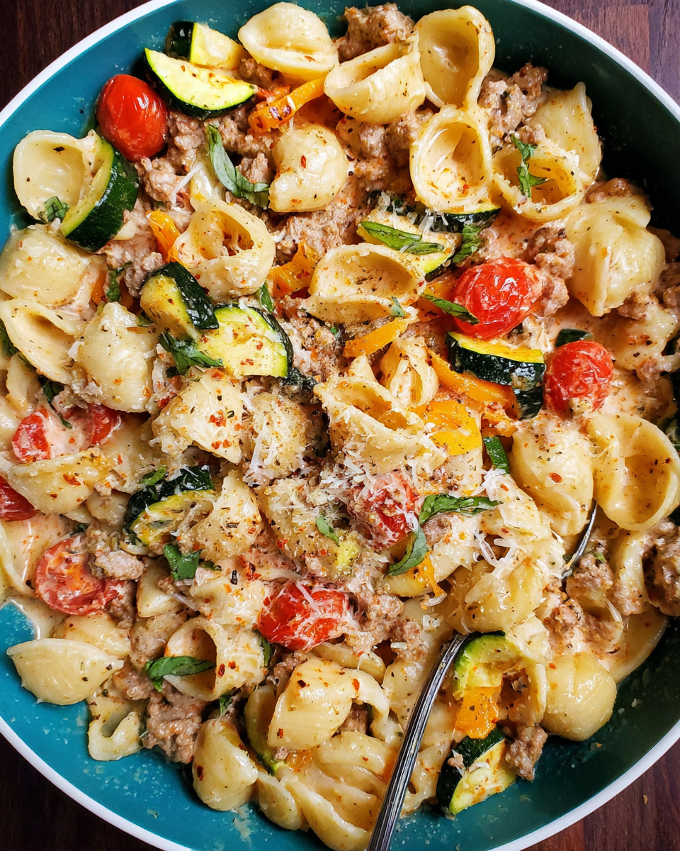 Creamy ground turkey pasta with roasted zucchini and tomatoes