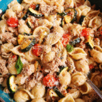 Creamy ground turkey pasta with roasted zucchini and tomatoes