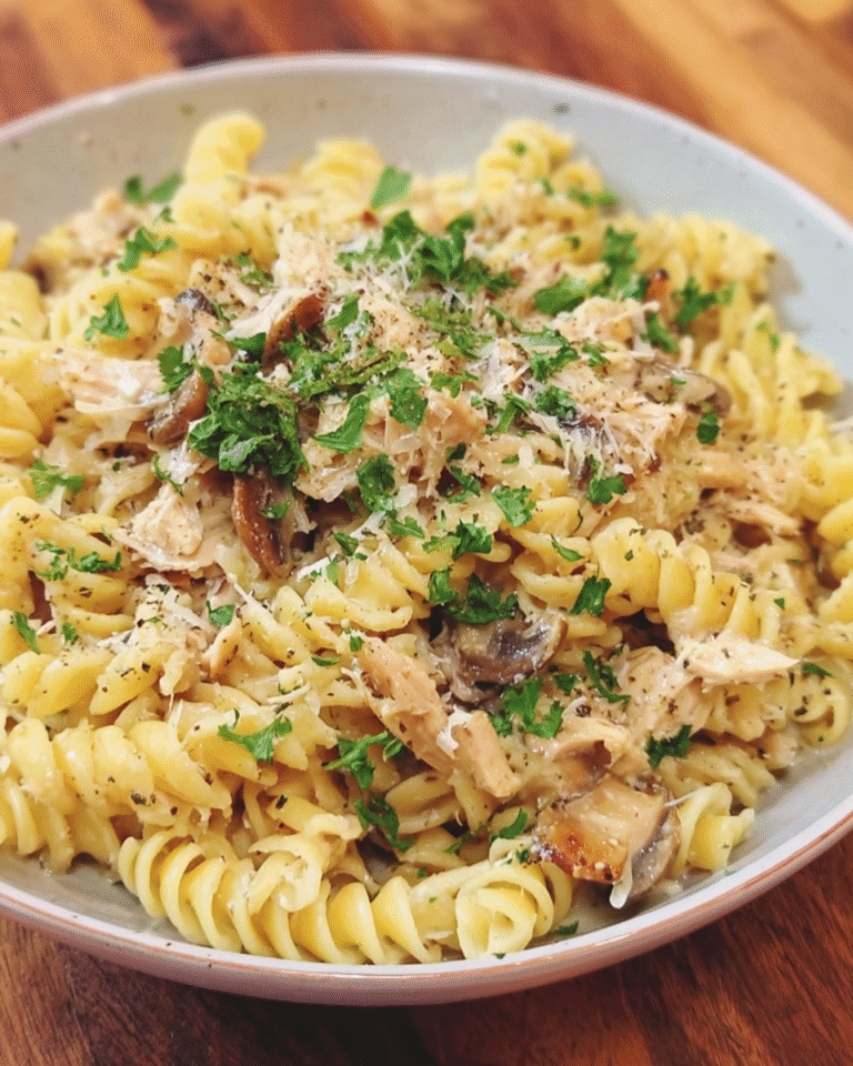 creamy leftover turkey pasta with mushrooms and parmesan