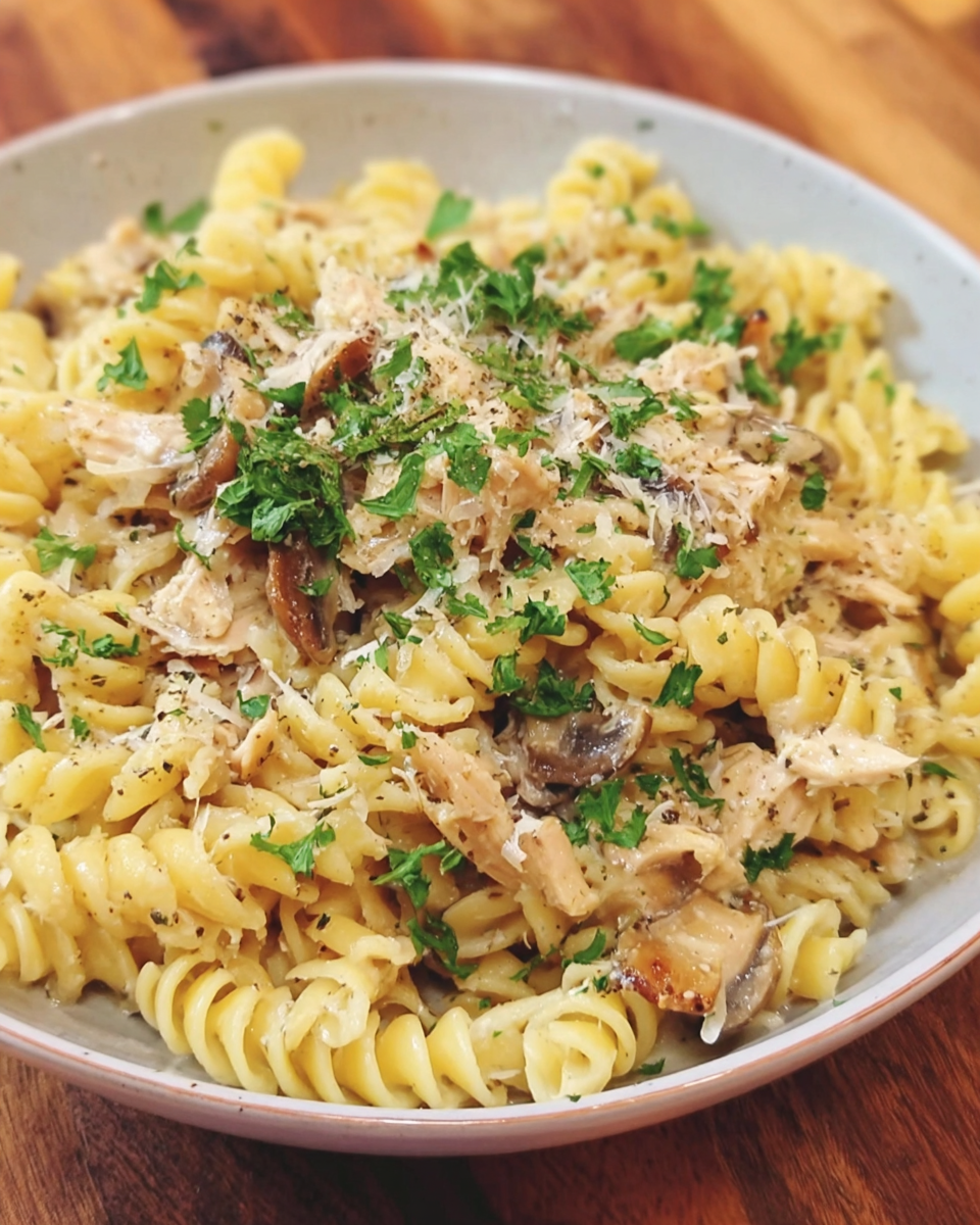 creamy leftover turkey pasta with mushrooms and parmesan
