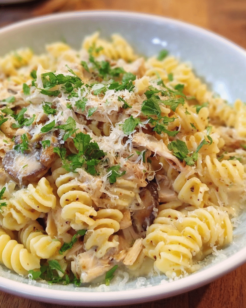 creamy leftover turkey pasta with mushrooms and parmesan