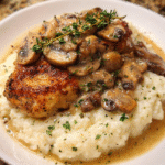 Creamy mushroom chicken served over cauliflower mash
