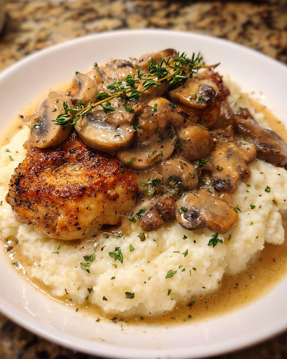 Creamy mushroom chicken served over cauliflower mash