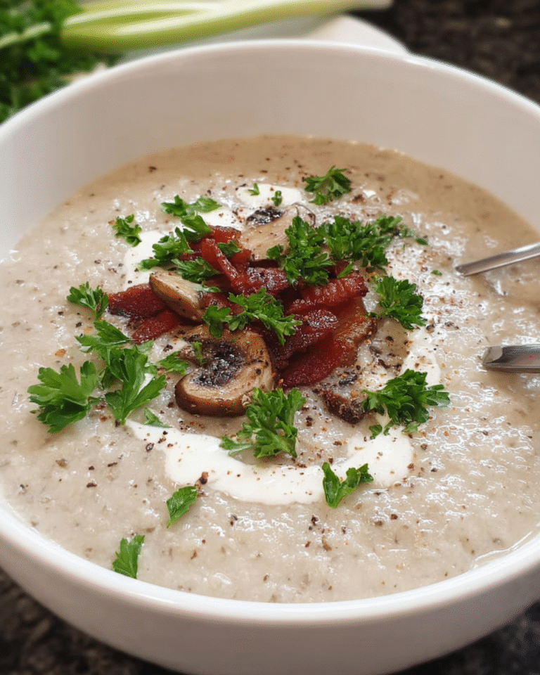 Creamy Mushroom and Leek Soup in a bowl with fresh parsley garnish
