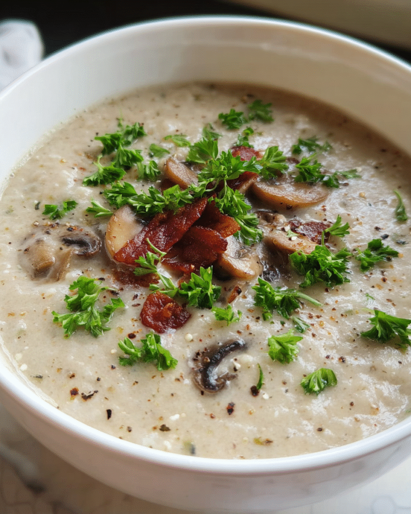 Creamy Mushroom and Leek Soup in a bowl with fresh parsley garnish