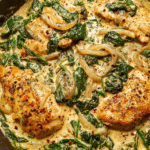 Creamy one-pot chicken with spinach in skillet