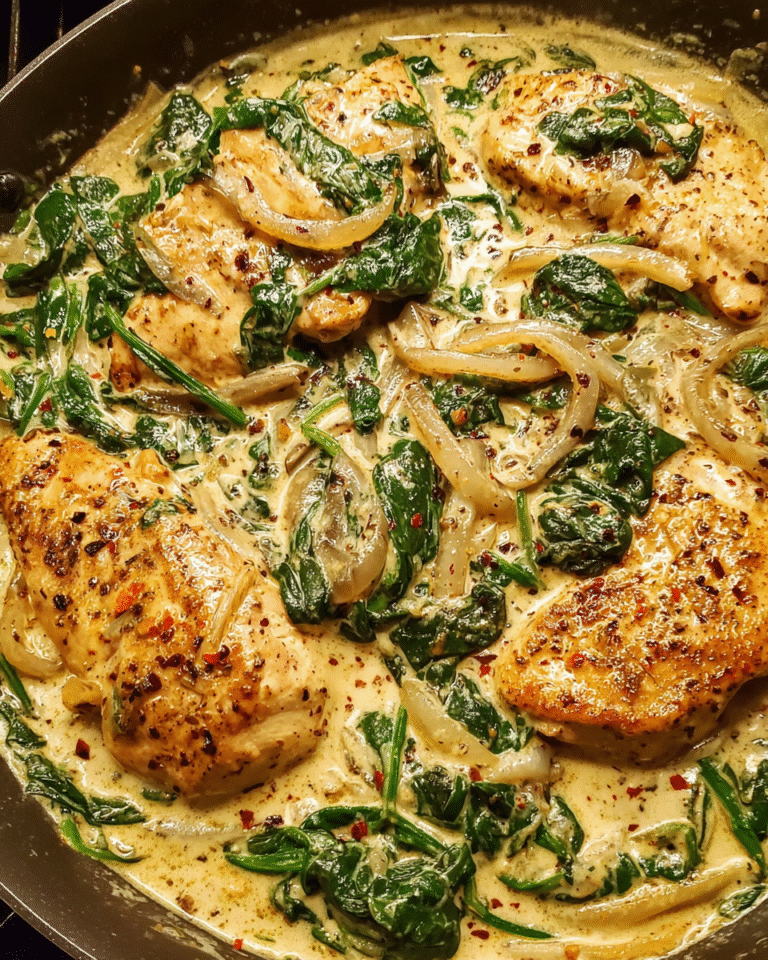 Creamy one-pot chicken with spinach in skillet