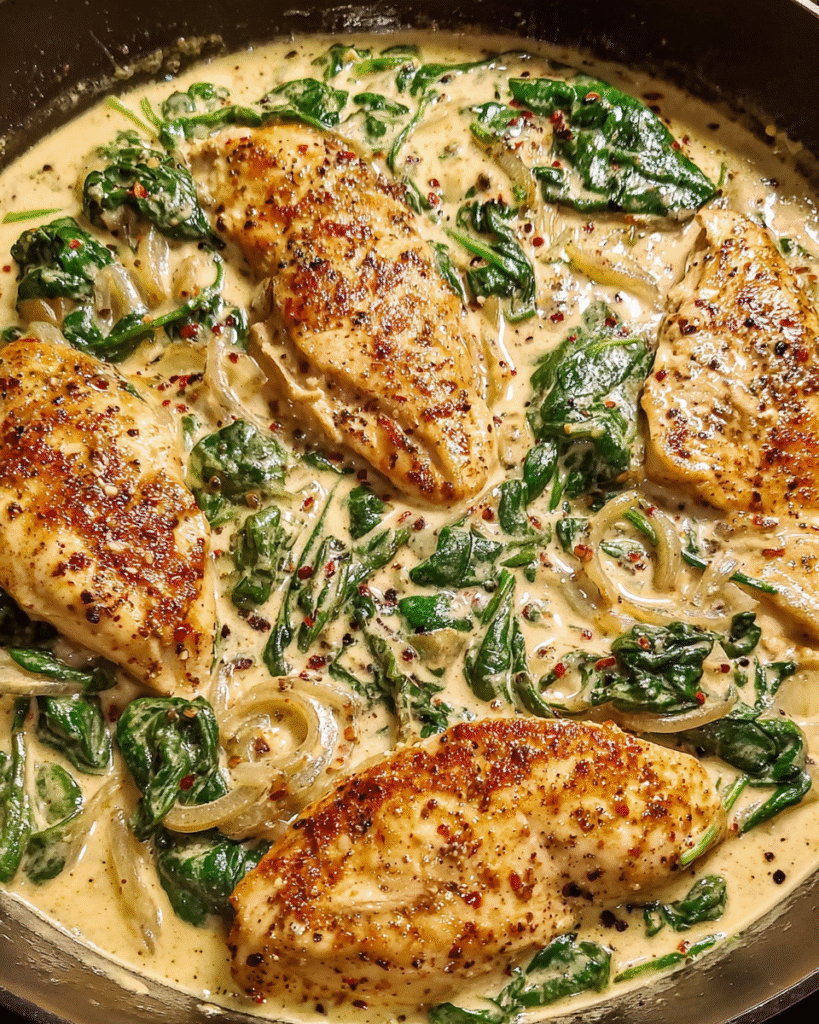 Creamy one-pot chicken with spinach in skillet