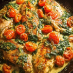 Creamy pesto chicken with roasted tomatoes in skillet