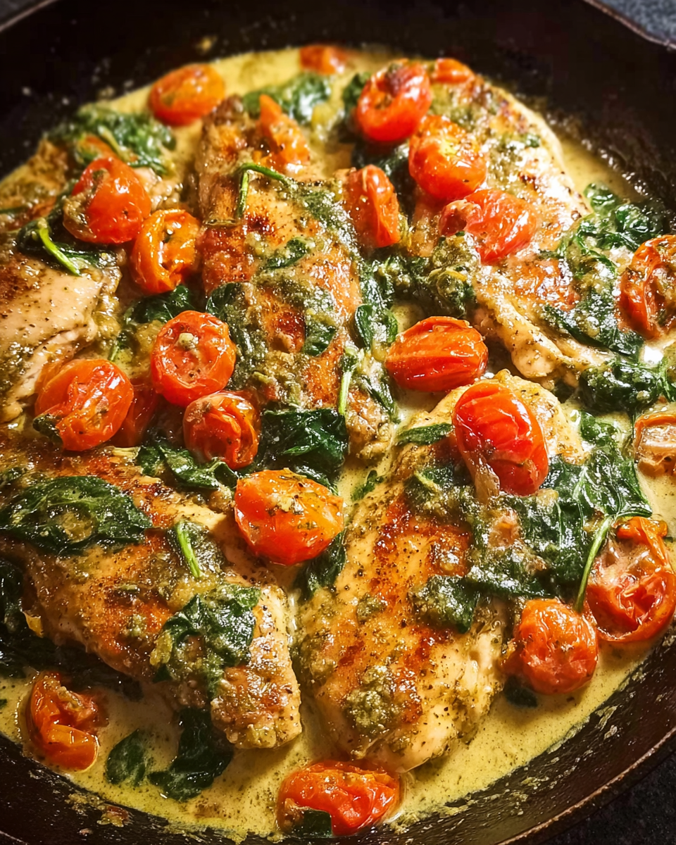 Creamy pesto chicken with roasted tomatoes in skillet