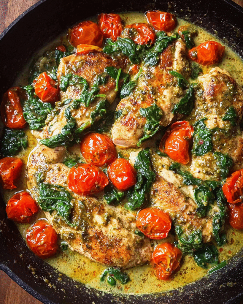 Creamy pesto chicken with roasted tomatoes in skillet