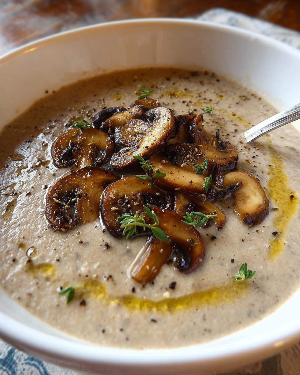 Creamy Roasted Mushroom Soup in a bowl with thyme garnish