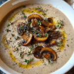 Creamy Roasted Mushroom Soup in a bowl with thyme garnish