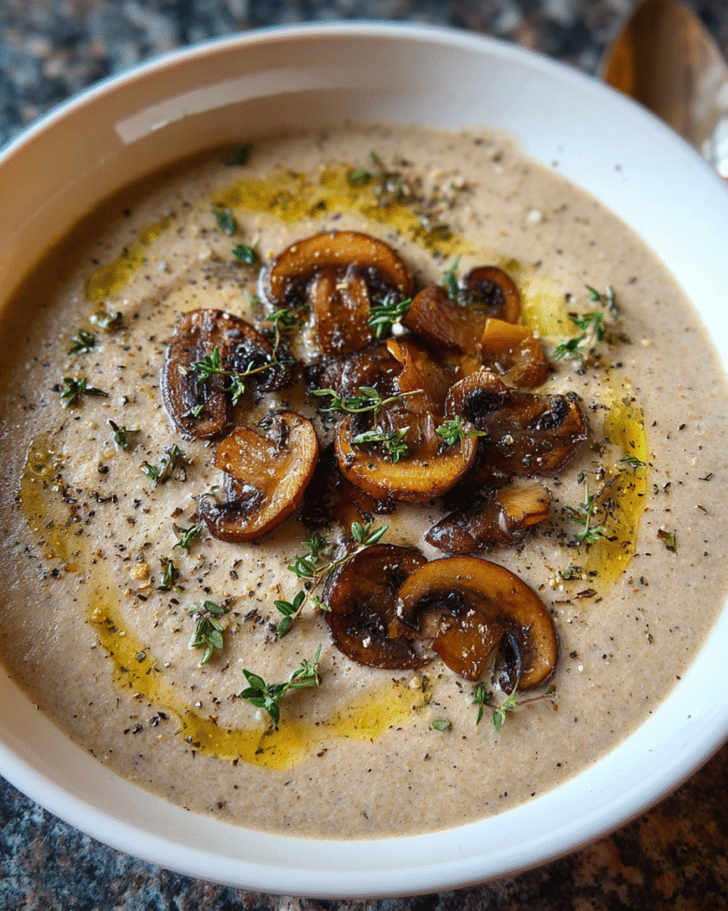 Creamy Roasted Mushroom Soup in a bowl with thyme garnish